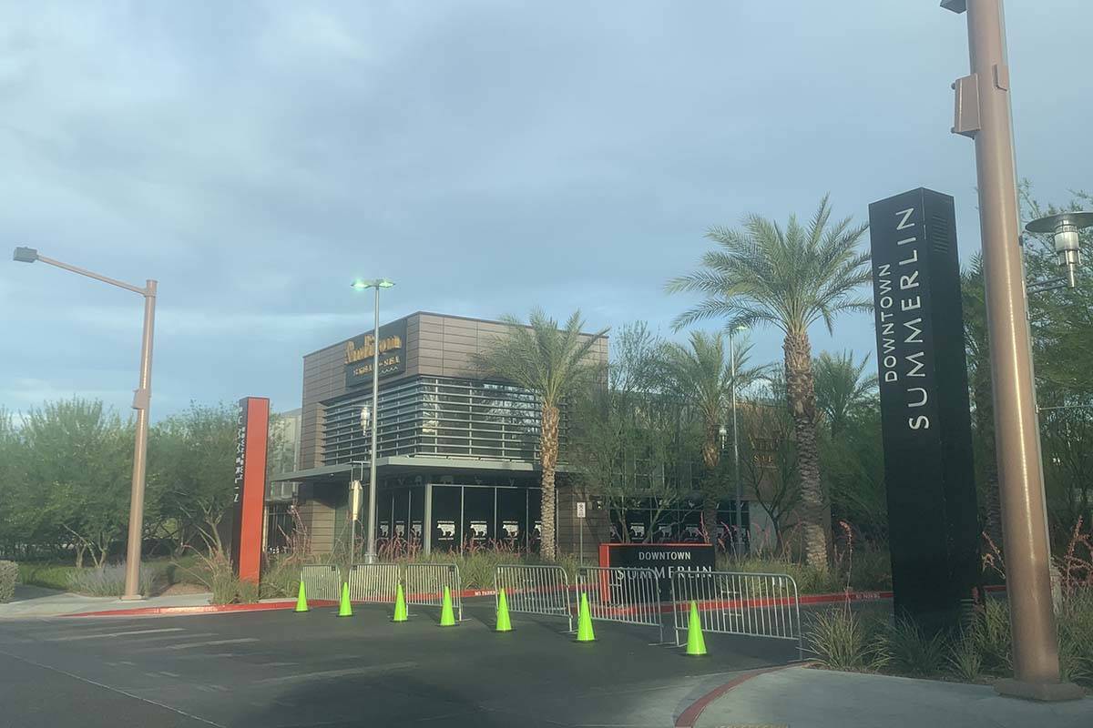 Entrances to Downtown Summerlin are blocked, Sunday, May 31, 2020, as Black Lives Matter protes ...