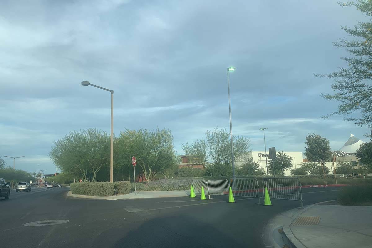 Entrances to Downtown Summerlin are blocked, Sunday, May 31, 2020, as Black Lives Matter protes ...