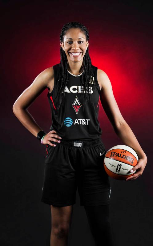 Aces center A'ja Wilson during media day on Monday, May 13, 2019, at Mandalay Bay Events Center ...