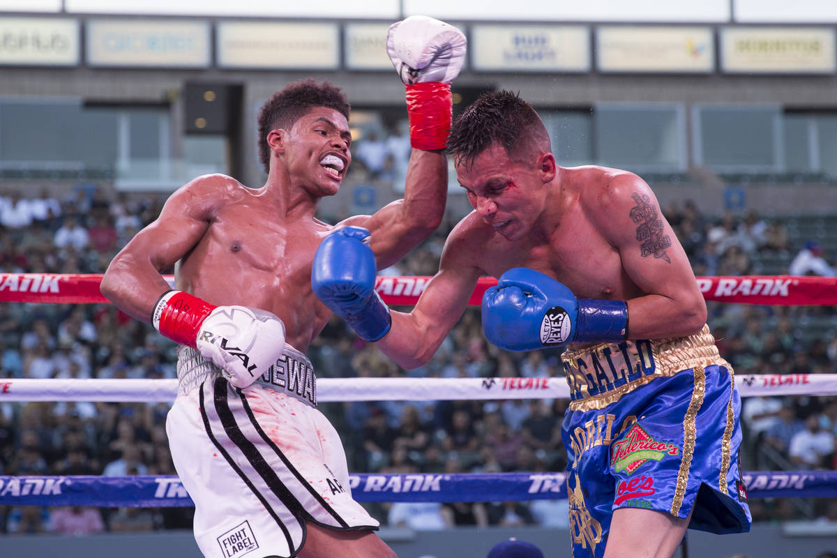 Shakur Stevenson, left, battles Edgar Brito in their WBO World Championship bout at the StubHu ...