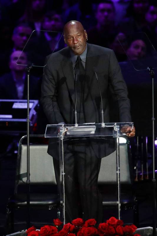 Former NBA player Michael Jordan cries while speaking during a celebration of life for Kobe Bry ...