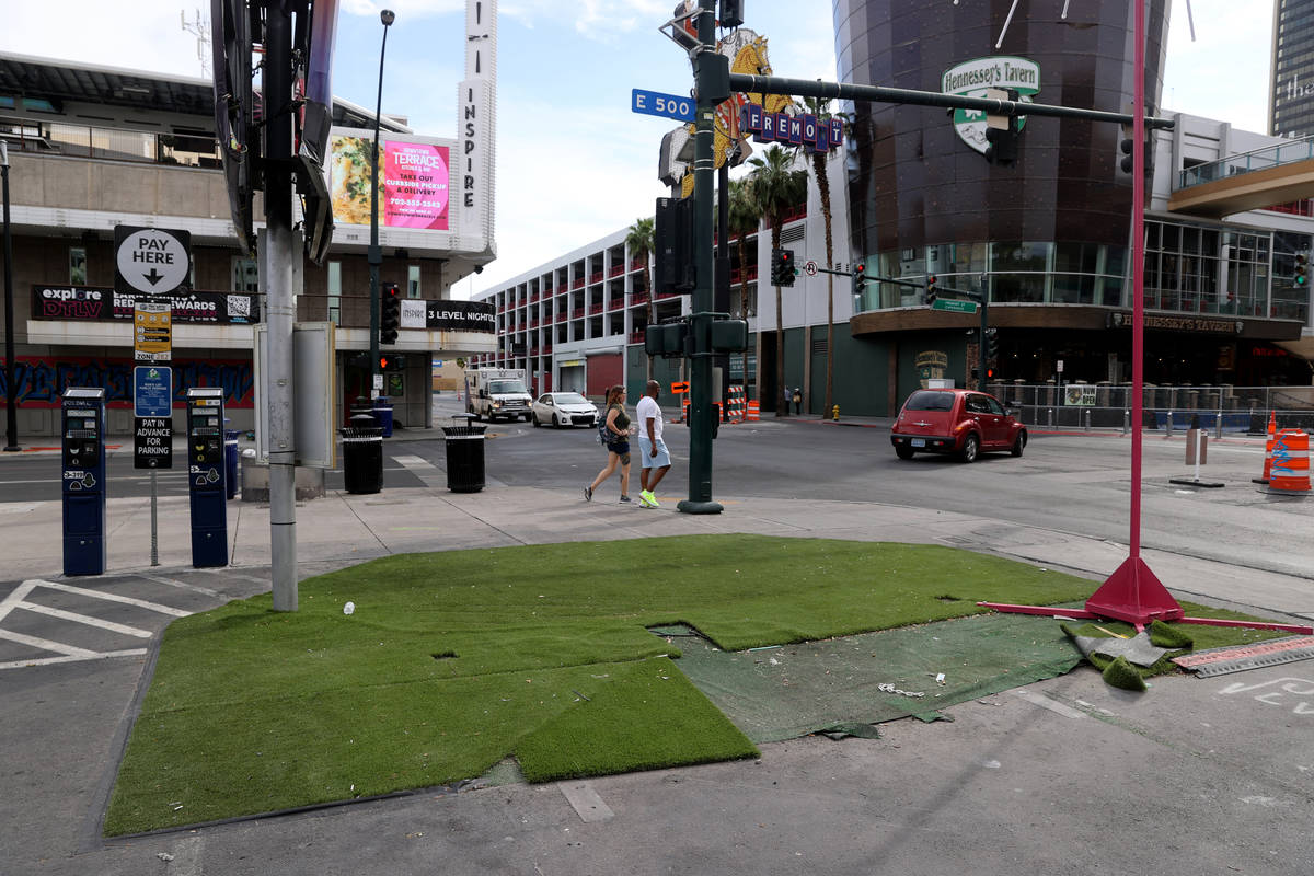 The spot where Joy of Hot Dog food trailer normally sits at the corner of Las Vegas Boulevard a ...