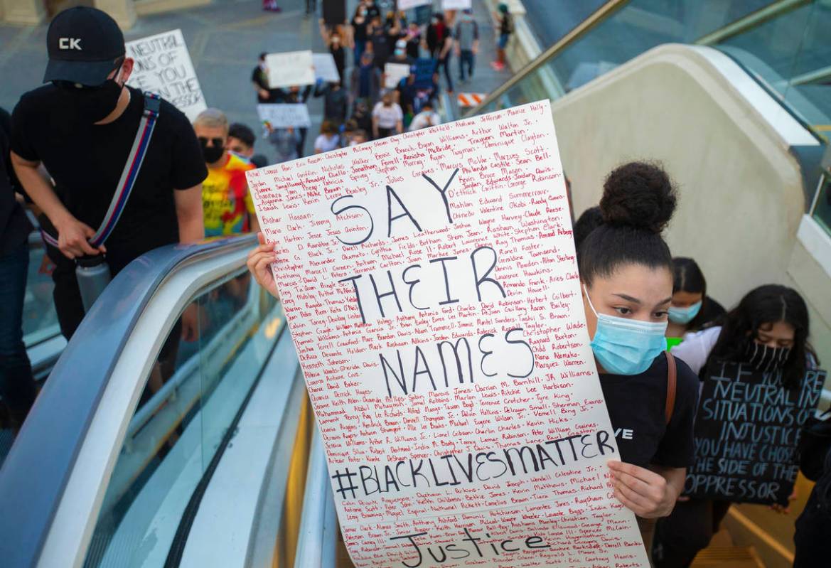 A large crowd protests on the Strip on Monday, June 1, 2020, in Las Vegas as riots continue thr ...