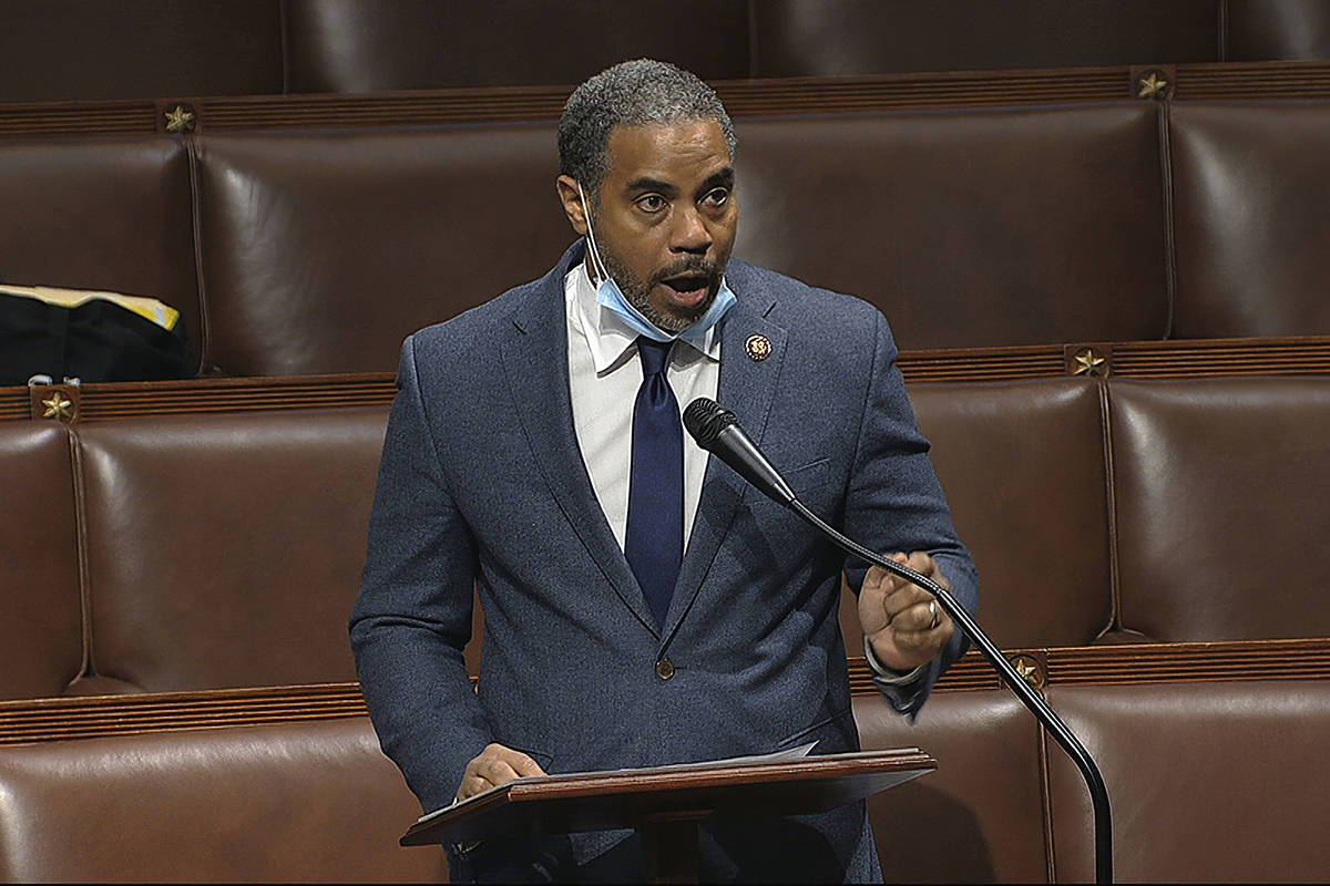 FILE - In this Thursday, April 23, 2020, file image taken from video, Rep. Steven Horsford, D-N ...