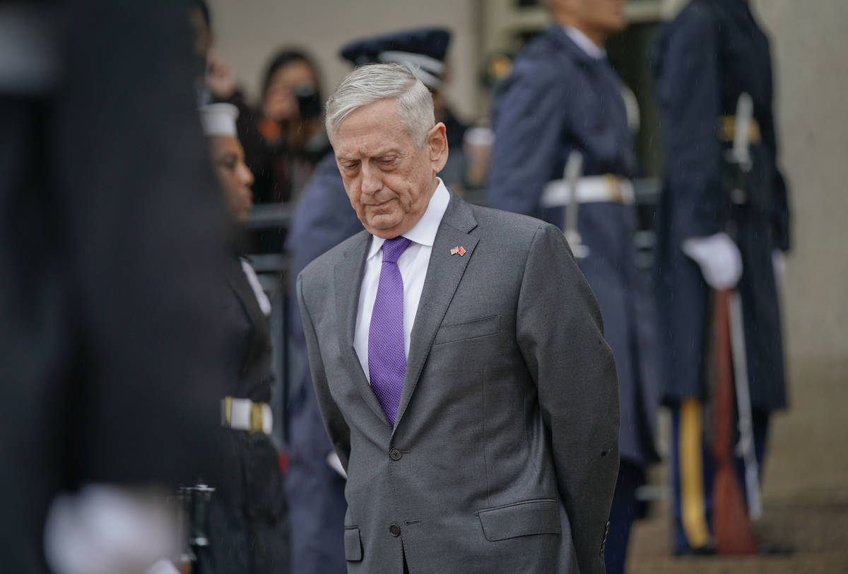 FILE - In this Nov. 9, 2018, file photo, Defense Secretary Jim Mattis waits outside the Pentago ...