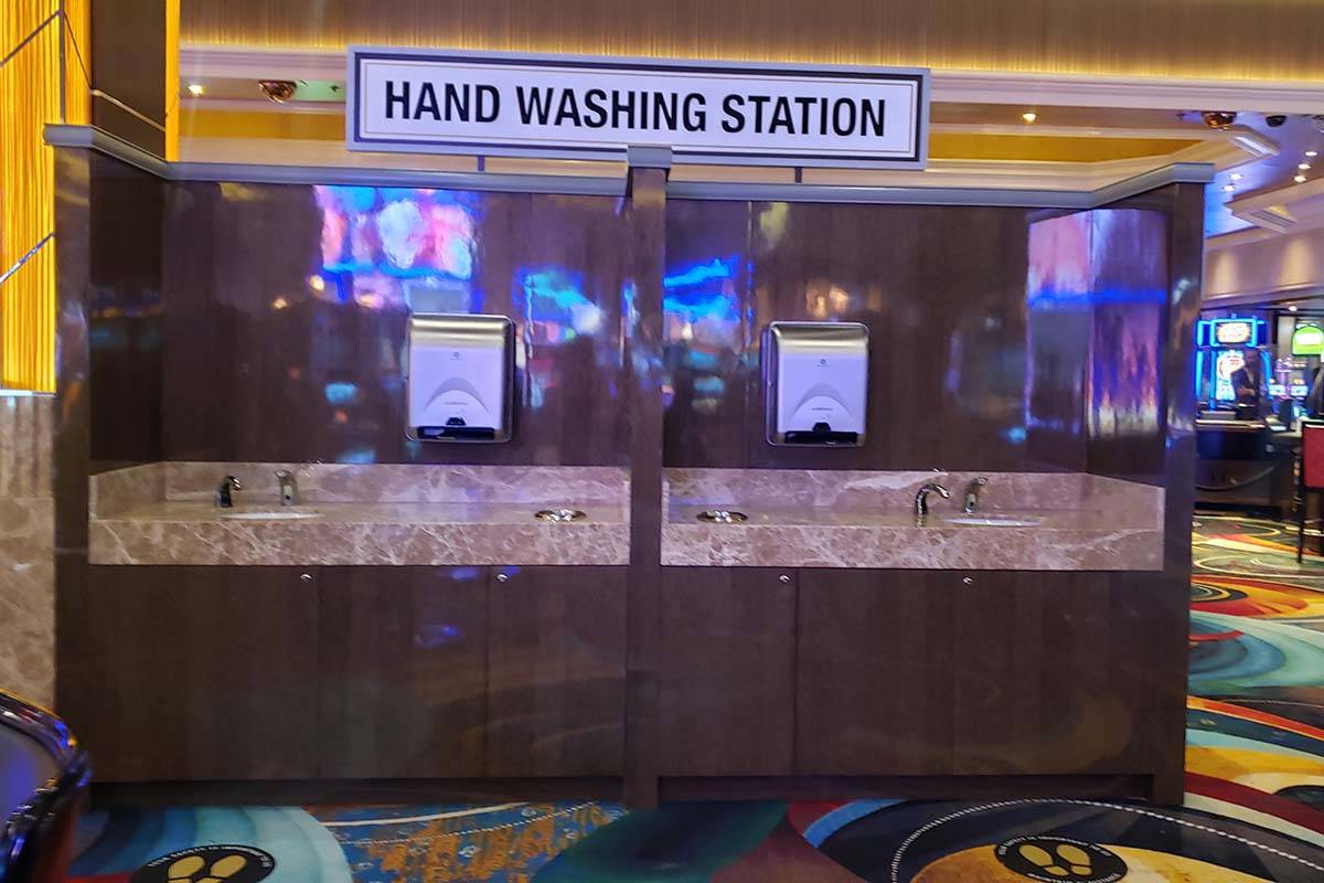 A hand washing station at the MGM Grand on Thursday, June 4, 2020. (Aleksandra Appleton/Las Veg ...
