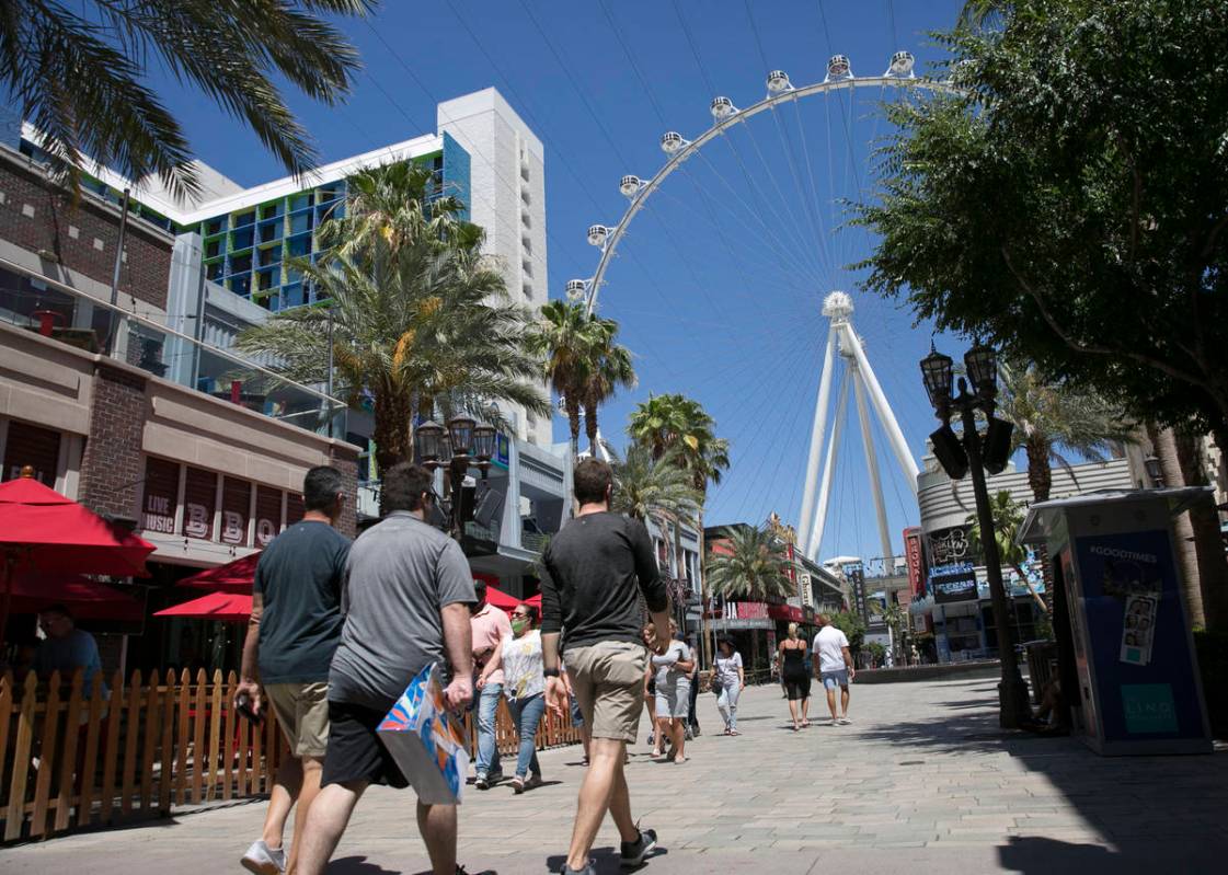 Tourists walk at The Linq Promenade on Sunday, June 7, 2020, in Las Vegas.(Bizuayehu Tesfaye/La ...