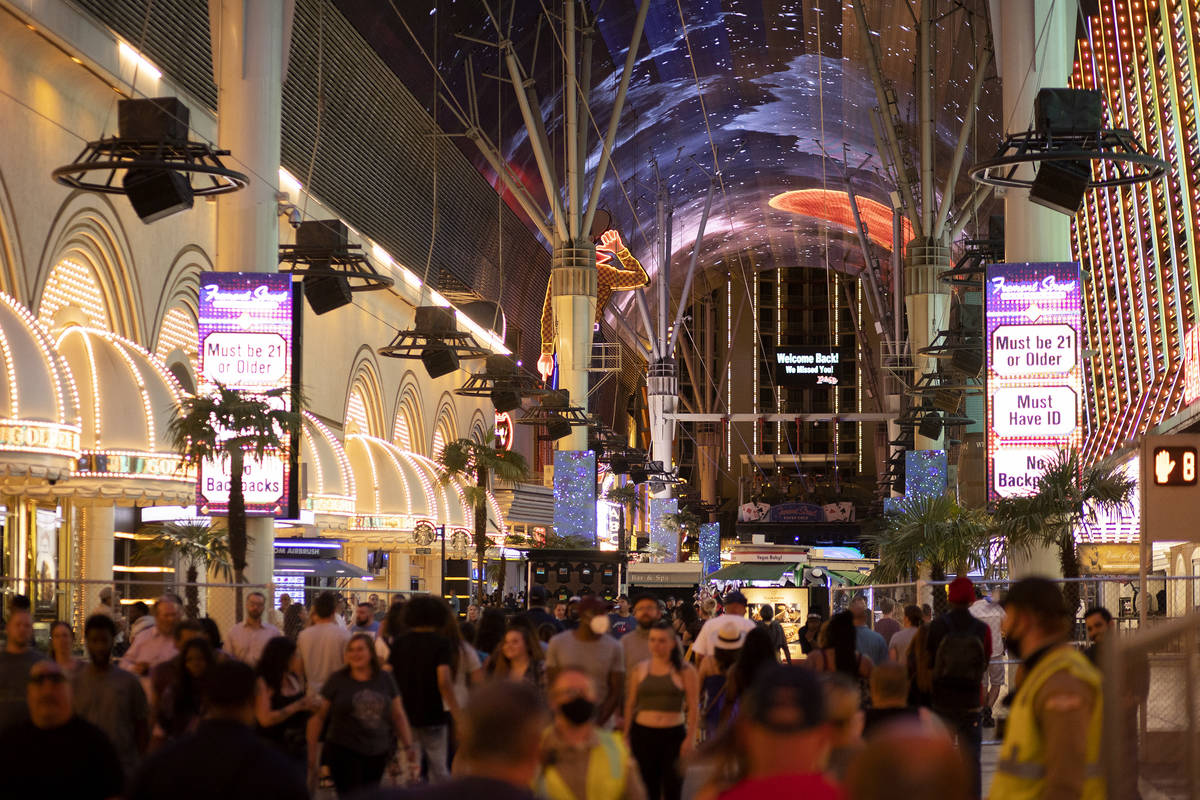 Fremont Street Experience becomes busy later in the evening on Friday, June 5, 2020 in Las Vega ...