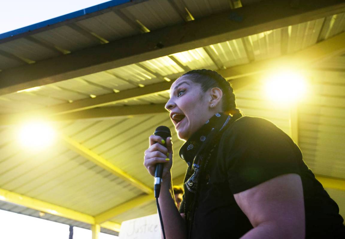 Soldadera Sanchez speaks during a press conference hosted by Organizing the State Out Coalition ...