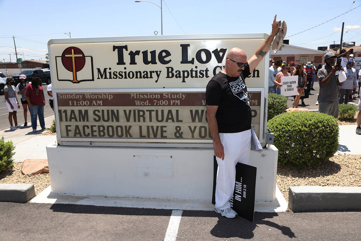 Eddie Garcia, a church member of the Calvary Chapel in Las Vegas, participates in a prayer outs ...
