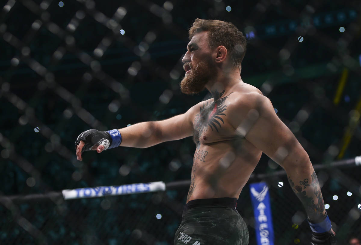 Conor McGregor enters the octagon before facing Khabib Nurmagomedov in their lightweight title ...