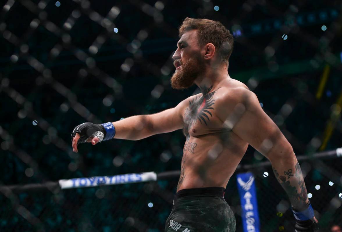 Conor McGregor enters the octagon before facing Khabib Nurmagomedov in their lightweight title ...