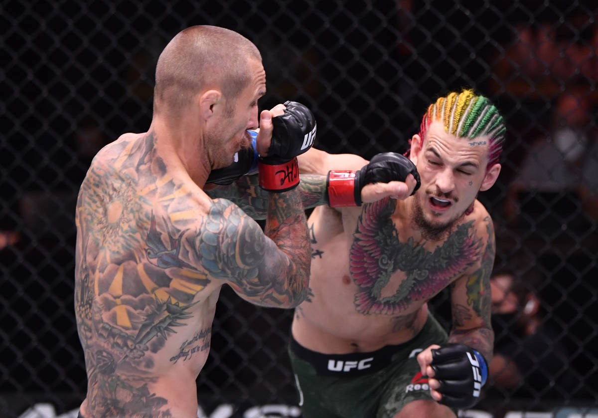 LAS VEGAS, NEVADA - JUNE 06: (R-L) Sean O'Malley punches Eddie Wineland in their bantamweight b ...