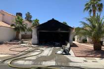 Crews investigate a fire Sunday, June 7, 2020, on the 6600 block of Lund Drive in Las Vegas. (L ...