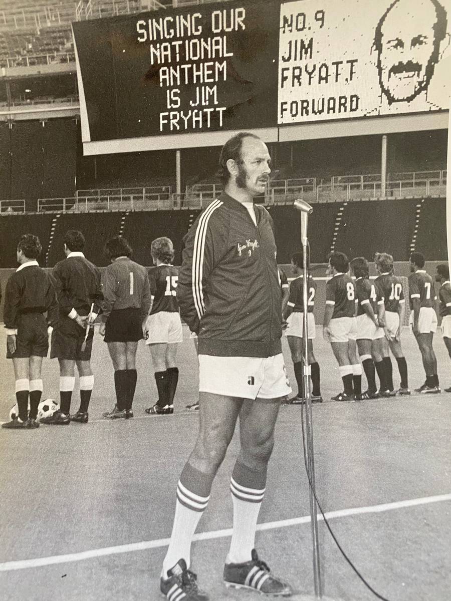 Jim Fryatt is shown singing the national anthem before a Philadelphia Atoms game during their 1 ...