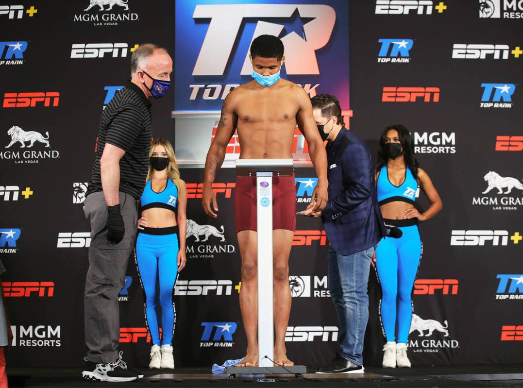 WBO featherweight champion Shakur Stevenson weighs in Monday, June 8, 2020. Photo: Mikey Willia ...