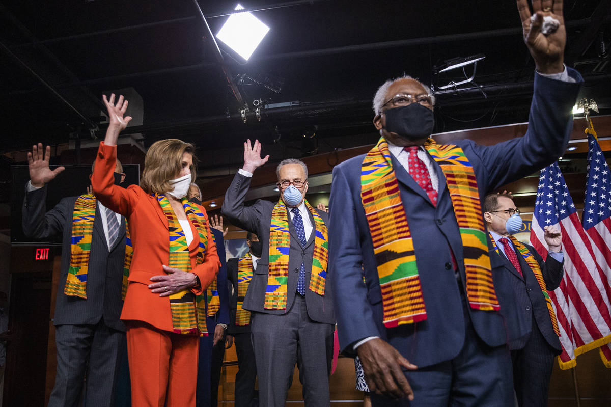 From left; House Speaker Nancy Pelosi of Calif., Senate Minority Leader Chuck Schumer, D-N.Y., ...