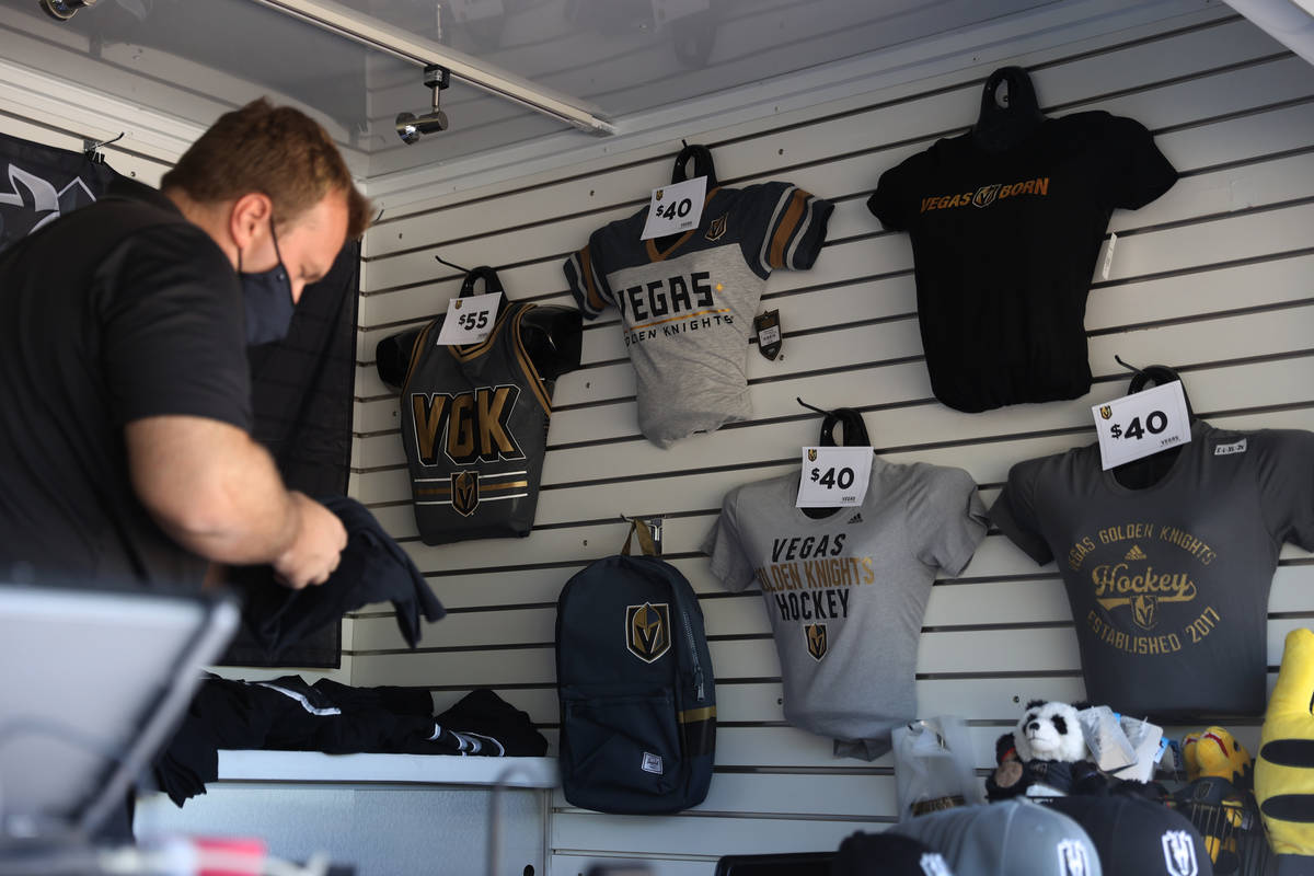 Merchandise on sale at a Henderson Silver Knights pop-up shop at the Green Valley Ranch parking ...