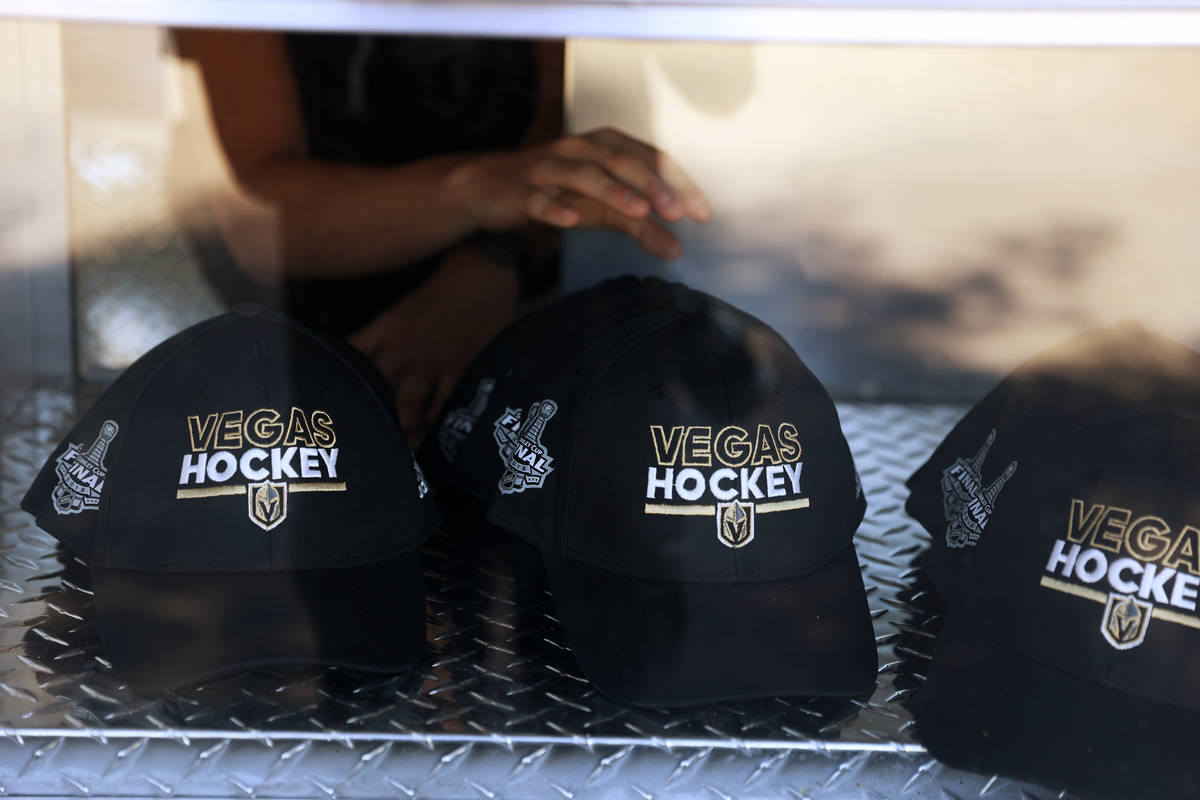 Hats on sale at the Henderson Silver Knights pop-up shop at the Green Valley Ranch parking lot ...