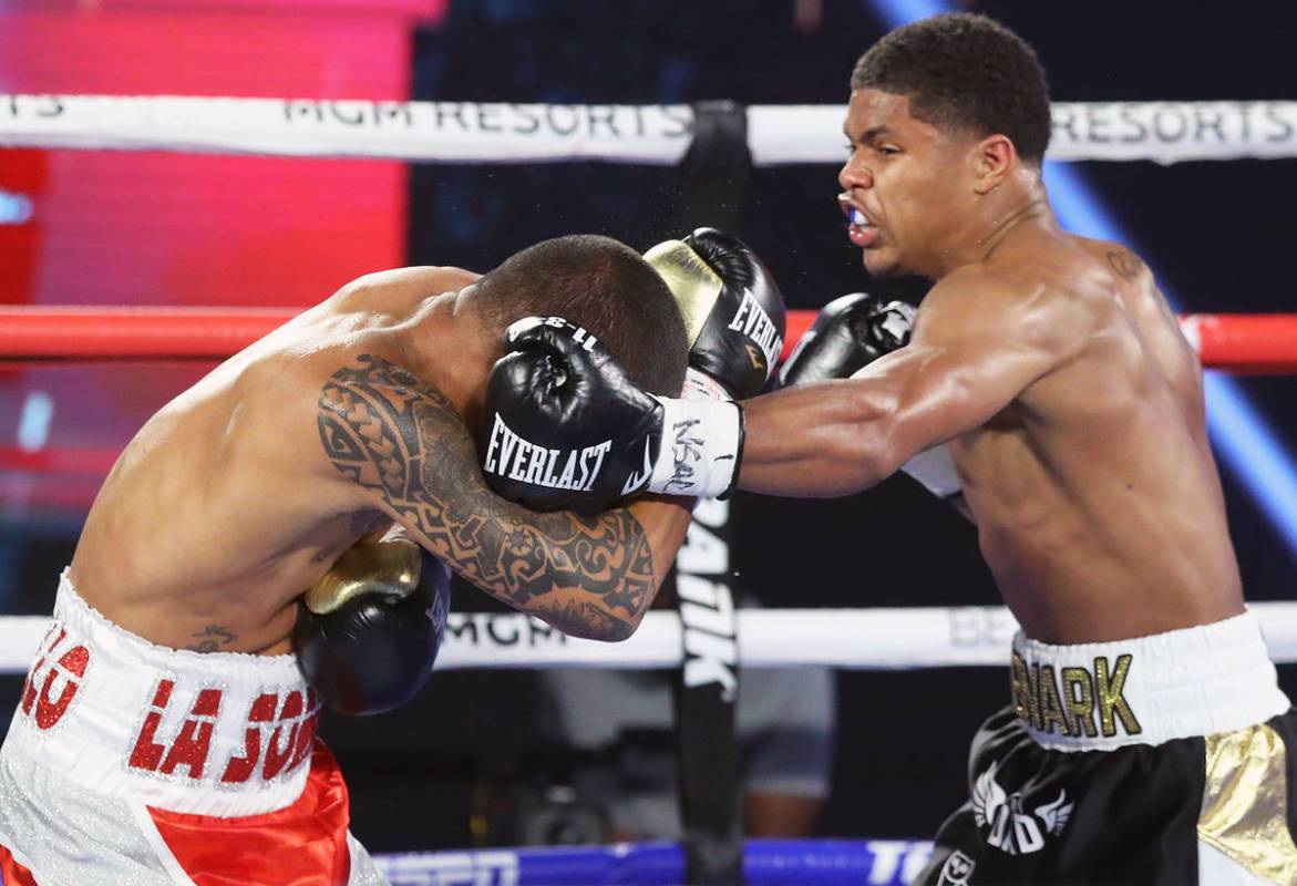 Shakur Stevenson, right, hits Felix Caraballo during their super featherweight fight Tuesday ni ...