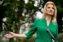Counselor to the President Kellyanne Conway speaks to reporters on the North Lawn outside the W ...