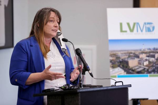 Clark County Commission Chairwoman Marilyn Kirkpatrick speaks during a news conference at UNLV ...