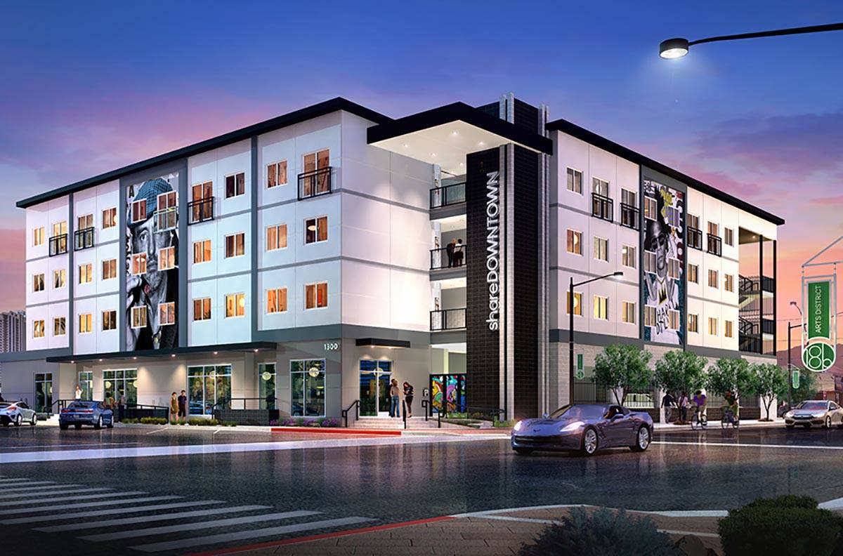 The 63-unit Share Downtown apartment complex in Las Vegas' Arts District, seen in this renderin ...
