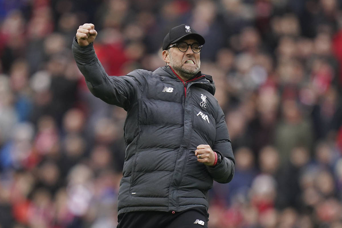 Liverpool's manager Jurgen Klopp celebrates at the end of the English Premier League soccer mat ...