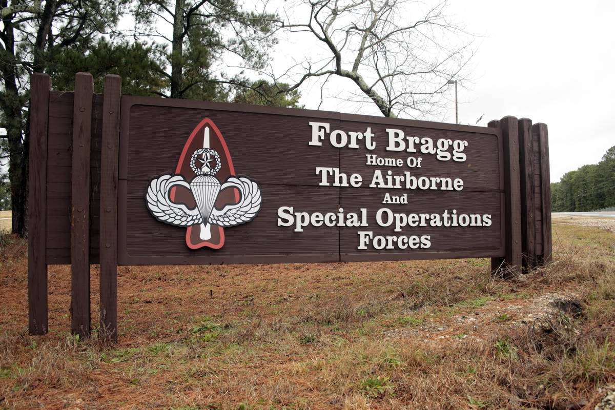 FILE - In this Jan. 4, 2020, file photo a sign for at Fort Bragg, N.C., is shown. Defense Secre ...