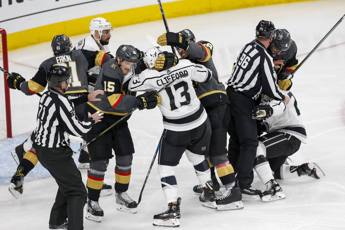 The Golden Knights and Los Angeles Kings get into a scuffle during the second period of Game 1 ...