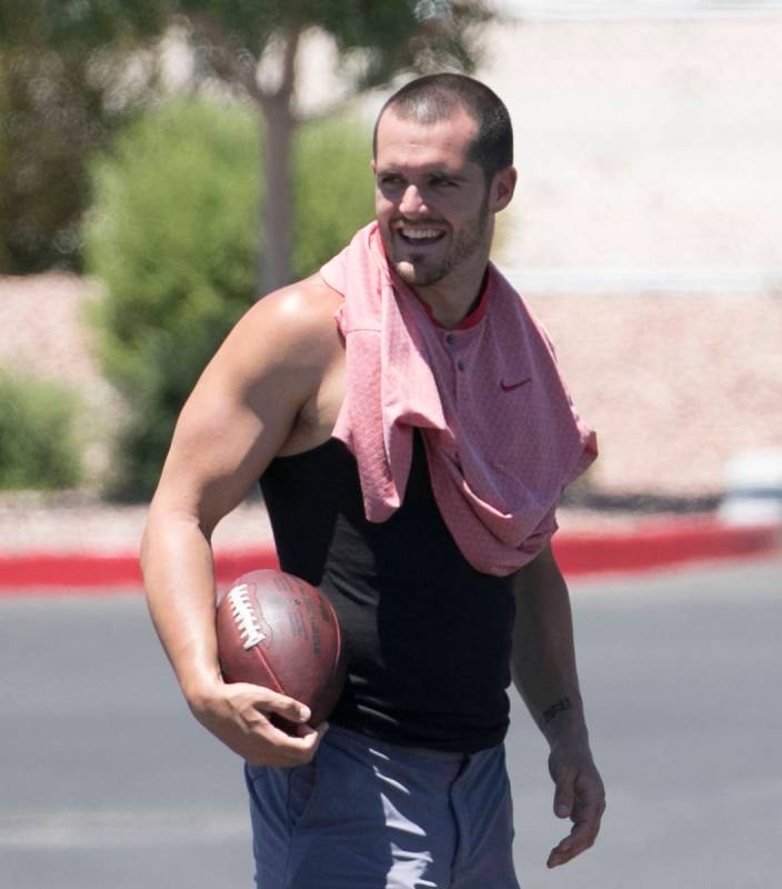 The Las Vegas Raiders quarterback Derek Carr is seen after an unofficial practice on Wednesday, ...