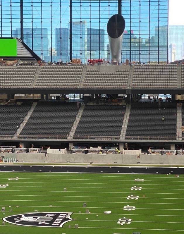 Raiders branded artificial turf will be used during tours of the team's $2 billion Allegiant St ...