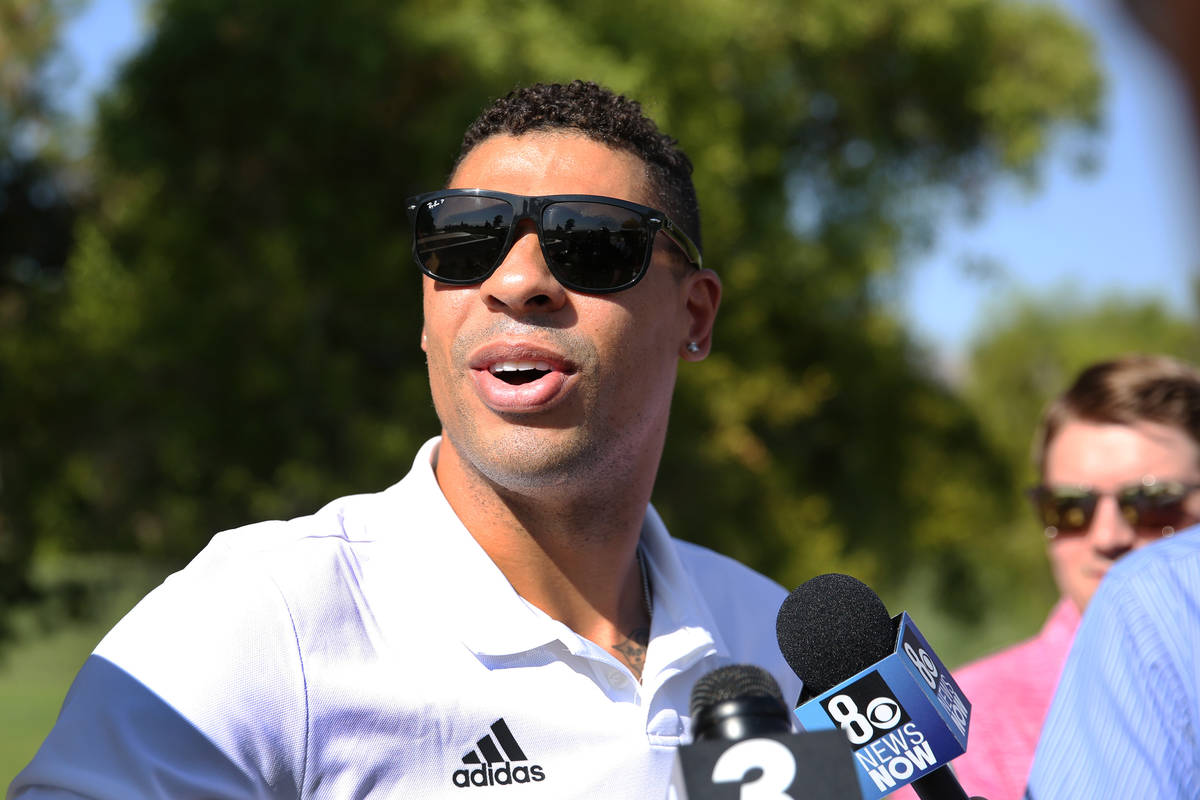 Golden Knights Ryan Reaves speaks to the media prior to the Golden Knights charity golf tournam ...