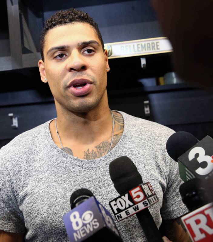 Golden Knights forward Ryan Reaves addresses the media at City National Arena on Thursday, Apri ...