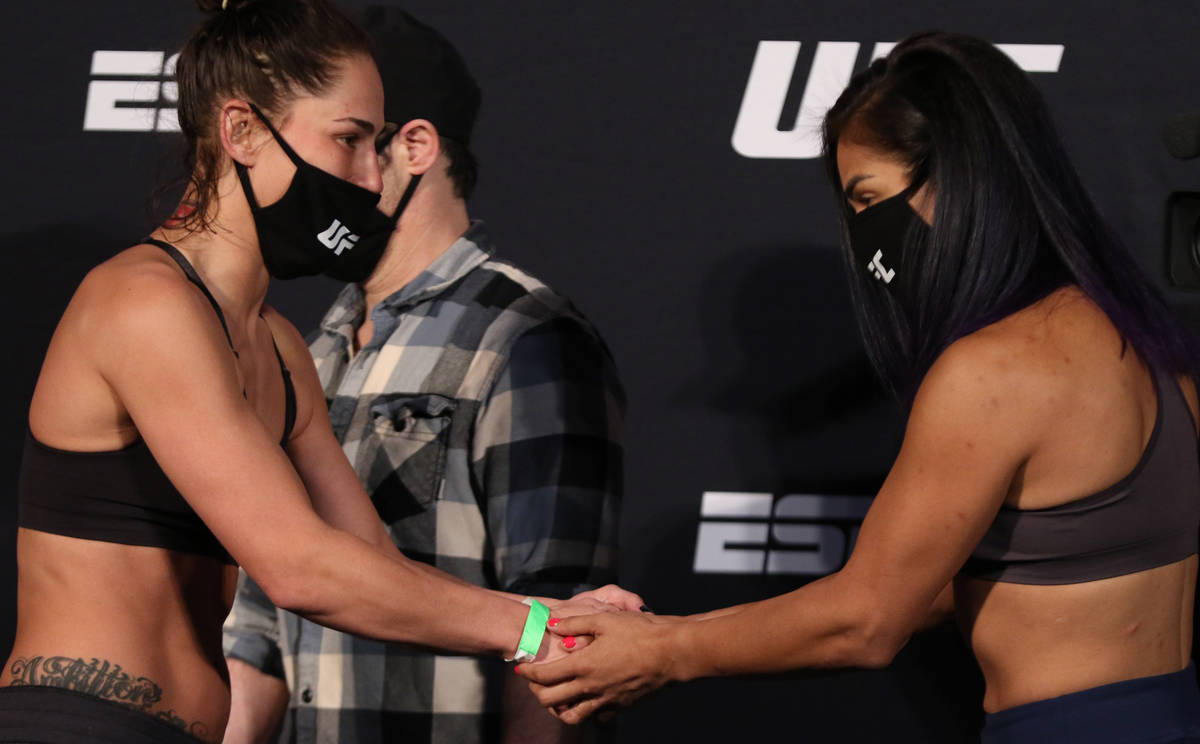 UFC flyweights Jessica Eye, left, and Cynthia Calvillo shake hands during a face off for UFC on ...