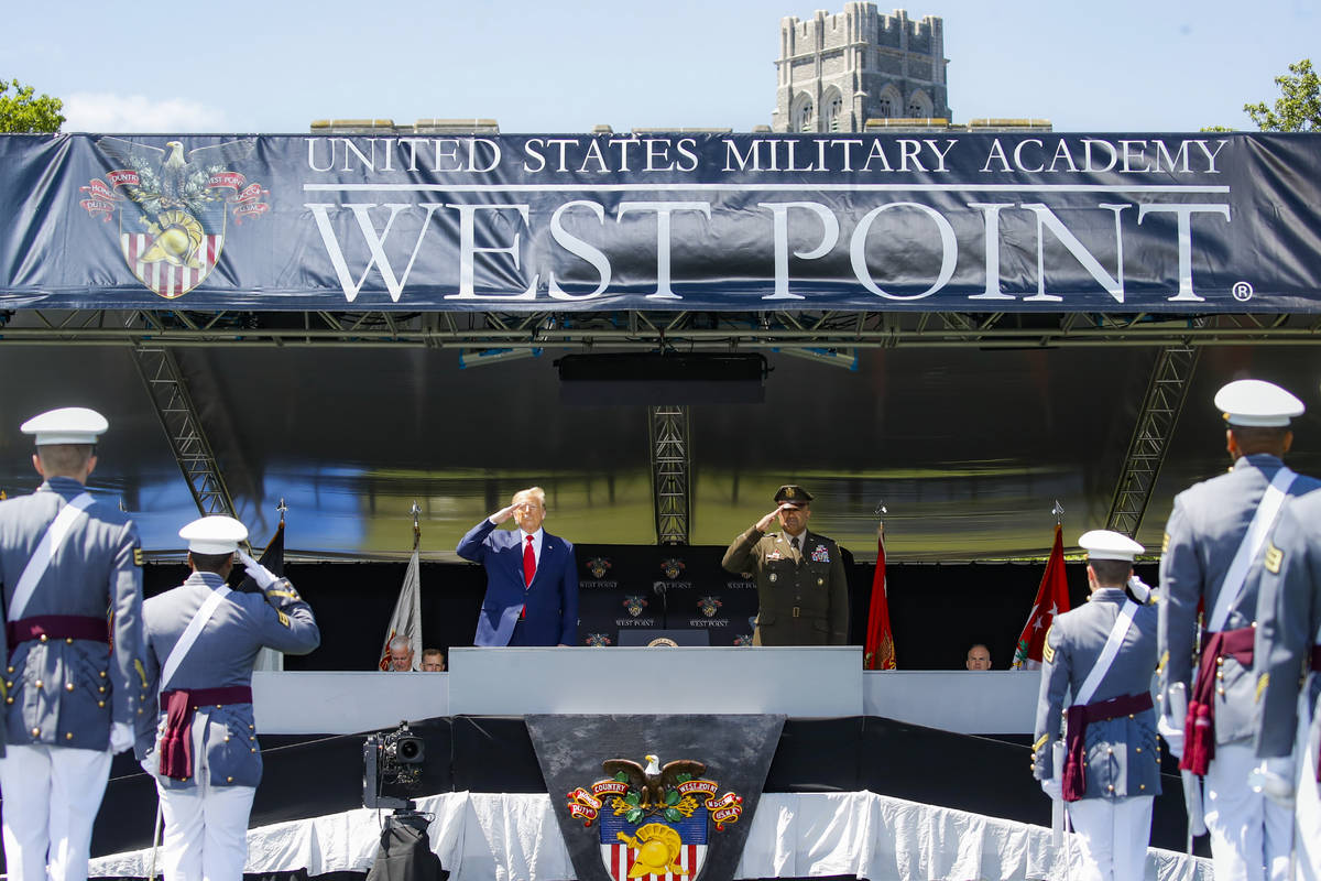 President Donald Trump, center left, and United States Military Academy superintendent Darryl A ...