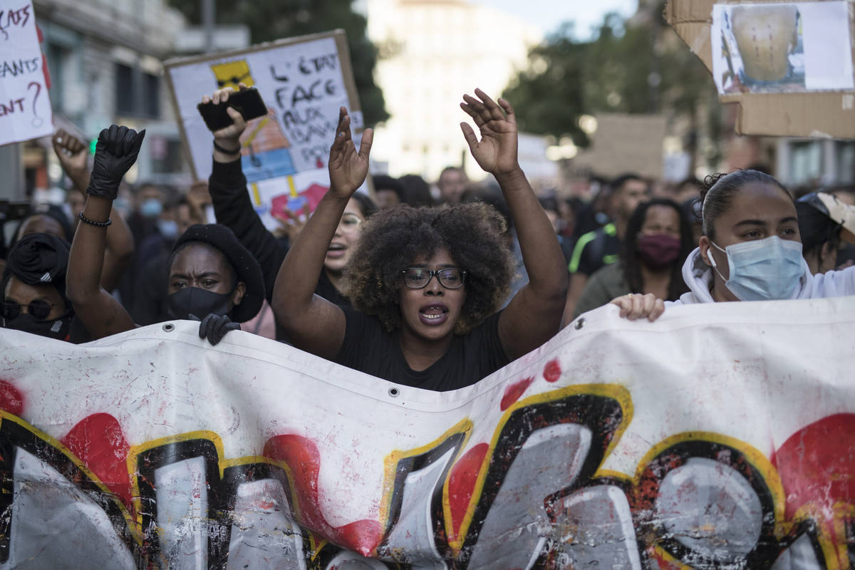 Hawa Traore chants during a march against police brutality and racism in Marseille, France, Sat ...