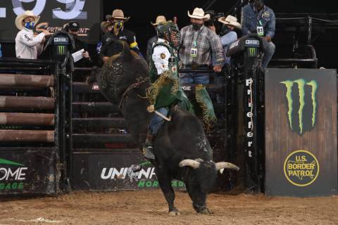 Keyshawn Whitehorse competes for Team Cooper Tires on Sunday in the Professional Bull Riders Mo ...