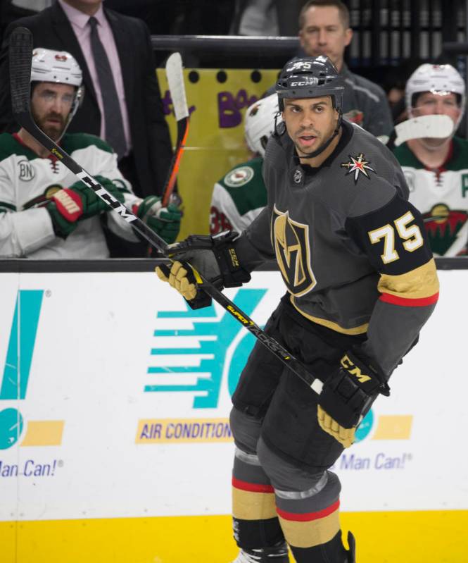 Golden Knights right wing Ryan Reaves (75) on Friday, March 29, 2019, at T-Mobile Arena, in Las ...
