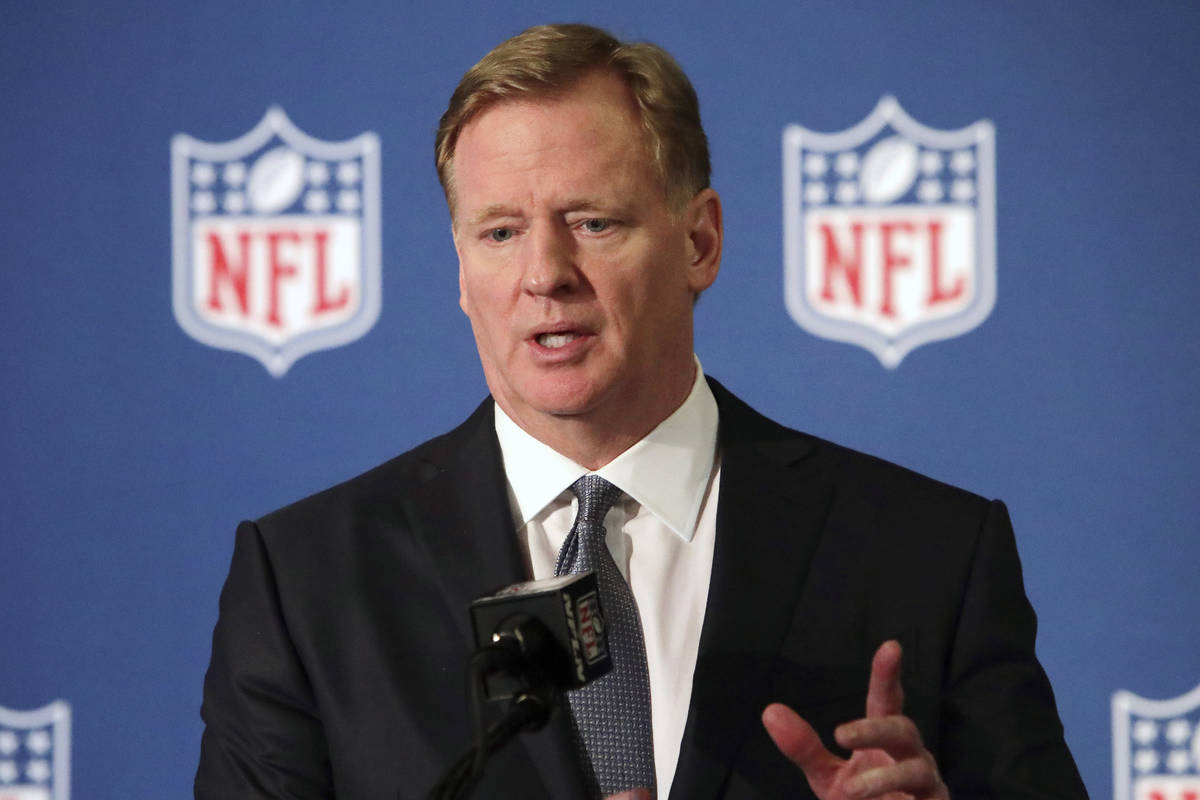 FILE - In this Dec. 12, 2018, file photo, NFL commissioner Roger Goodell speaks during a news c ...