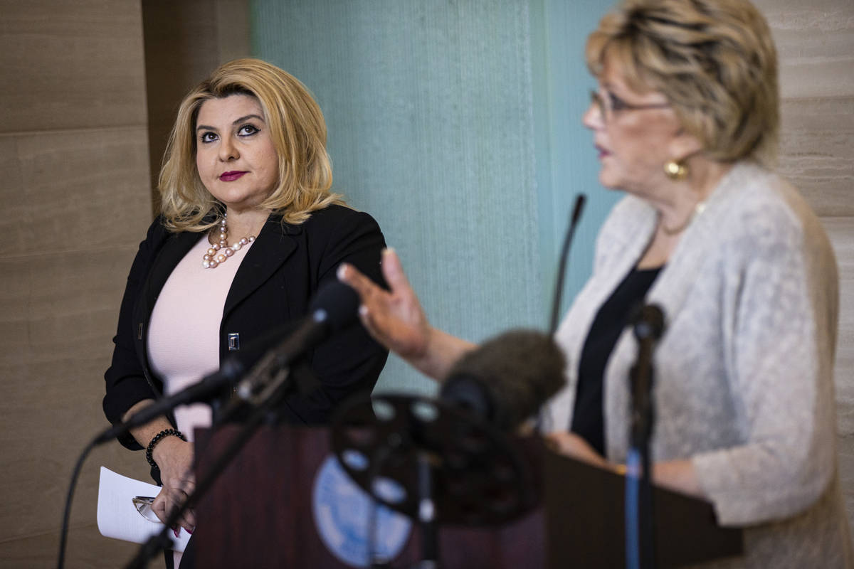 Las Vegas Mayor Carolyn Goodman, right, speaks after Las Vegas City Councilwoman Michele Fiore ...