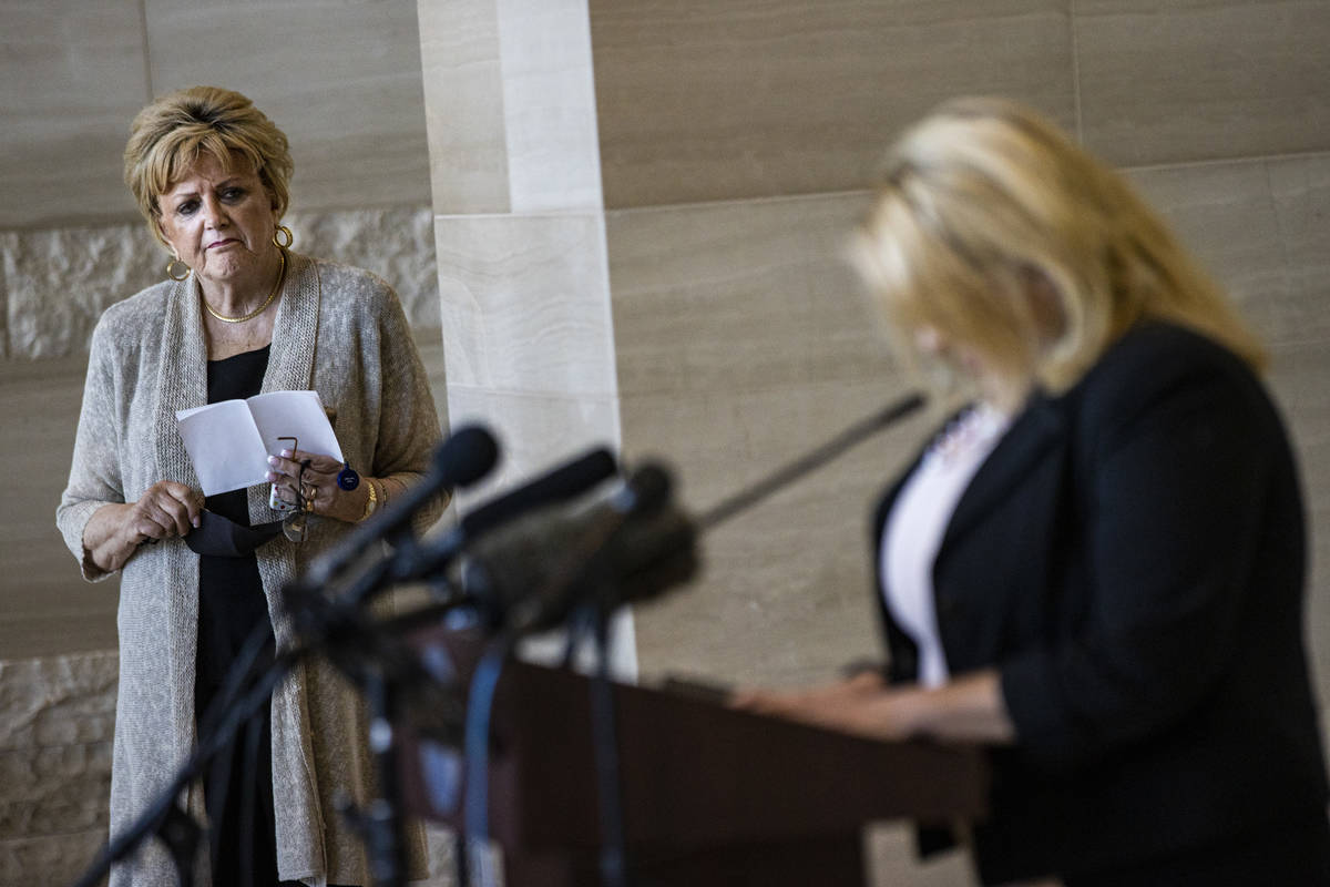 Las Vegas Mayor Carolyn Goodman looks on as City Councilwoman Michele Fiore announces that she ...