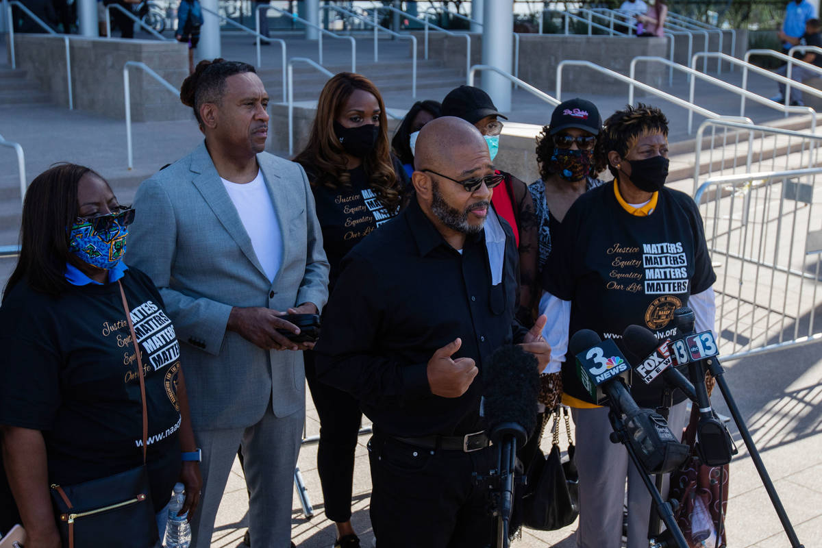 Craig Knight, the general manager at KCEP radio station, speaks at an NAACP protest on Wednesda ...
