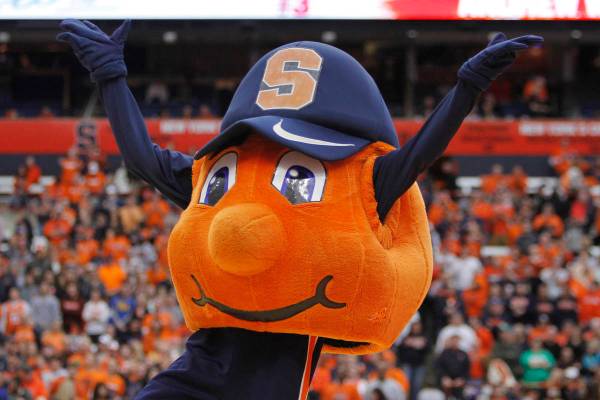 Syracuse mascot Otto the Orange before an NCAA college basketball game in Syracuse, N.Y., Satur ...