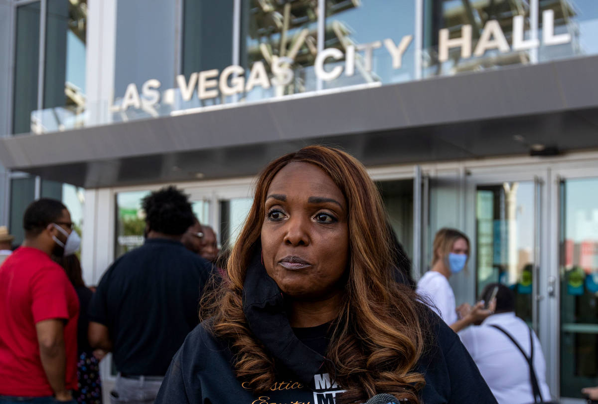 Roxann McCoy, president of the NAACP Las Vegas branch, speaks at an NAACP protest on Wednesday, ...