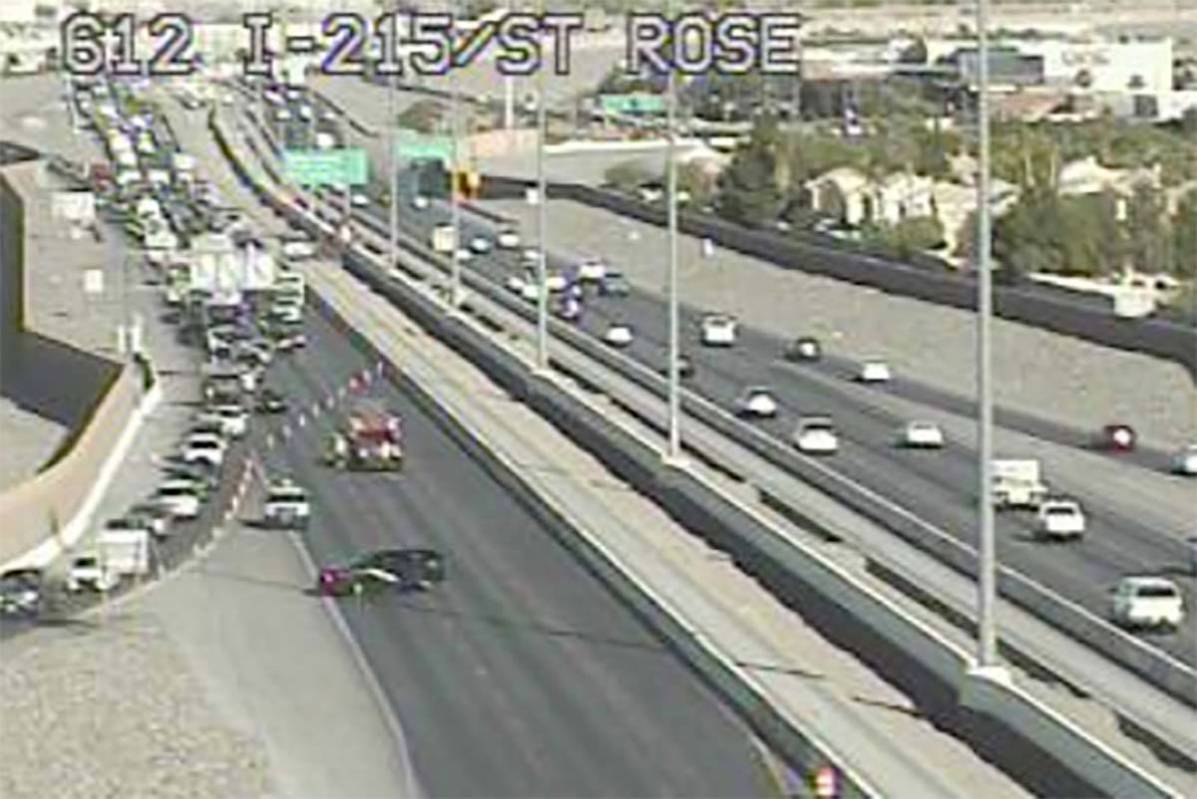 A crash on the 215 Beltway near Pecos Road has closed the eastbound lanes, Thursday, June 18, 2 ...