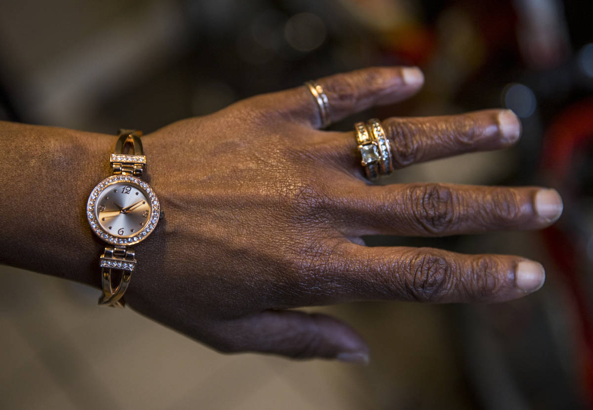Helen Clark shows off a cherished watch on Friday, June 19, 2020, in Las Vegas. The watch was p ...