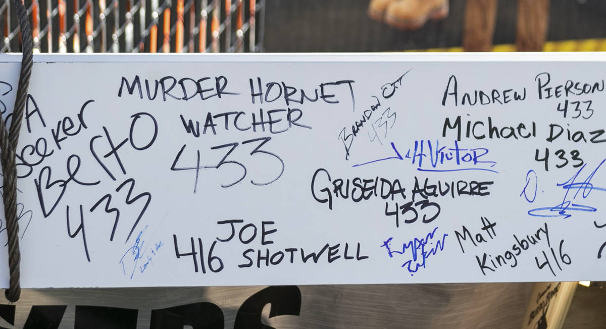The last steel beam with signatures of attendees during a topping off ceremony at the future of ...