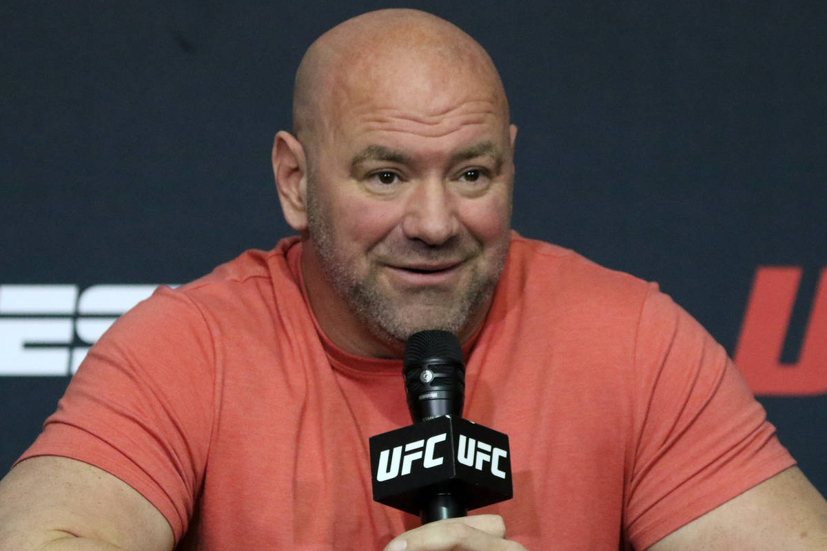 UFC president Dana White takes questions during a post-fight news conference at the UFC Apex af ...