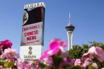 Sahara Las Vegas' marquee features an advertisement for its Northside Cafe on Monday, June 22, ...